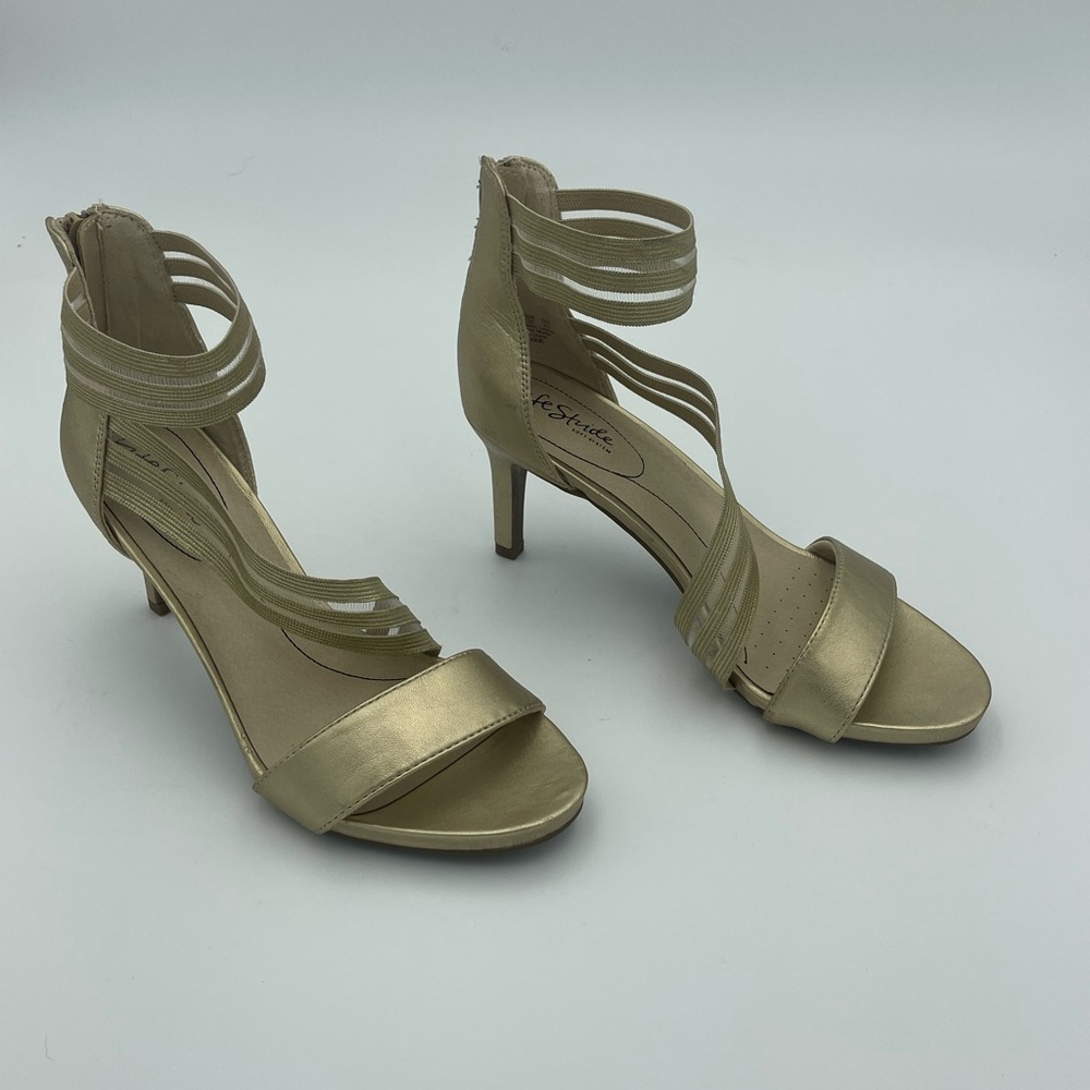 LifeStride Women's Mystique Pump Metallic Gold Open Toe Sandal Heels SZ 8.5W-New